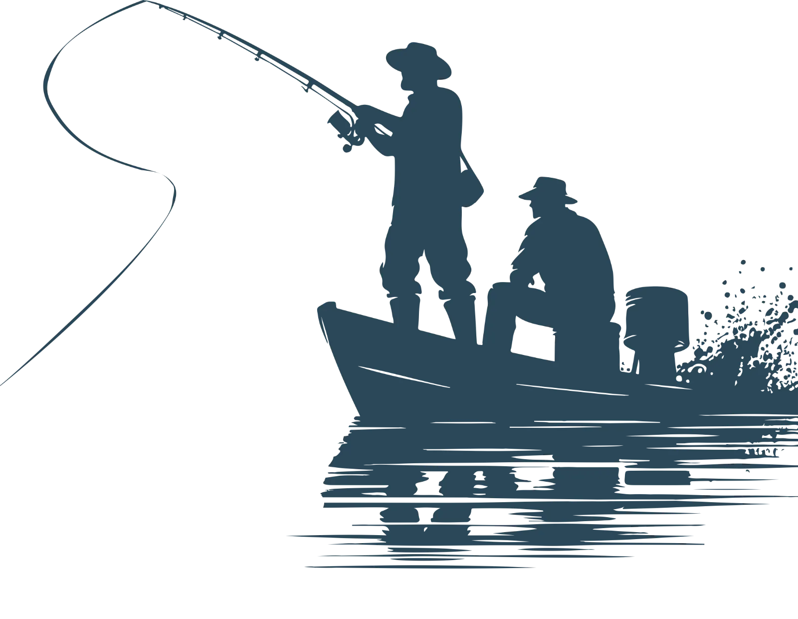 A dark blue silhouette of a person standing on a boat and casting a fishing rod against a plain black background.