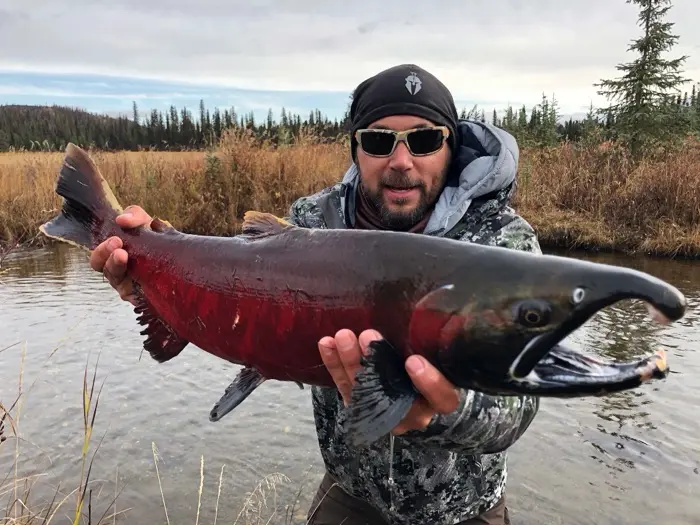 A man in outdoor gear holds a large, reddish-colored salmon with a hooked jaw while standing in a shallow stream.